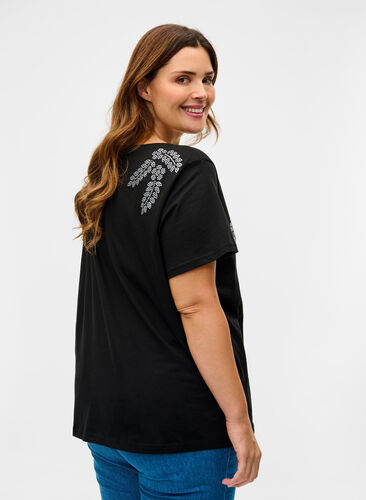 Katoenen t-shirt met korte mouwen en siersteentjes, Black Stone, Model image number 1