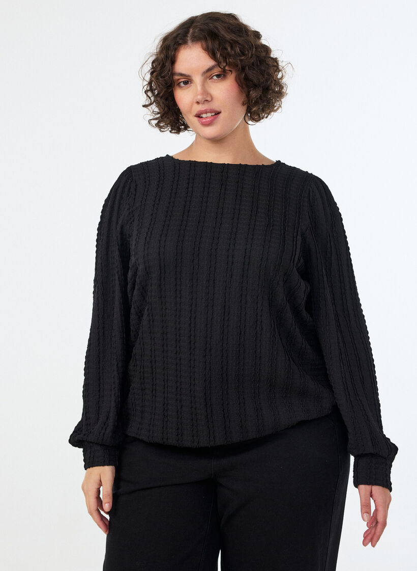 Jersey blouse met structuur en ballonsilhouet, Zwart, Model image number 0