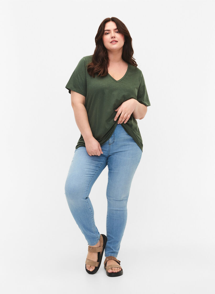 Basic t-shirt met korte mouwen en v-hals, Groen, Model image number 1