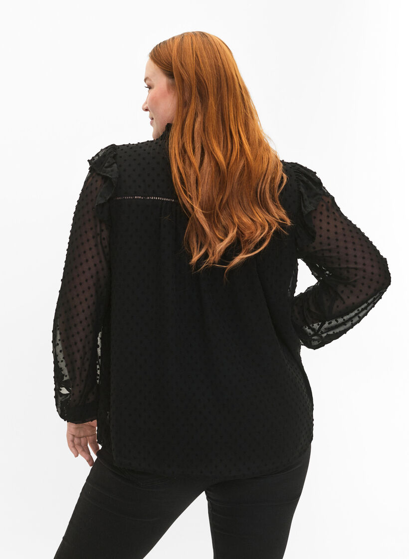 T-shirtblouse met ruches en een gestippelde textuur, Black, Model image number 1