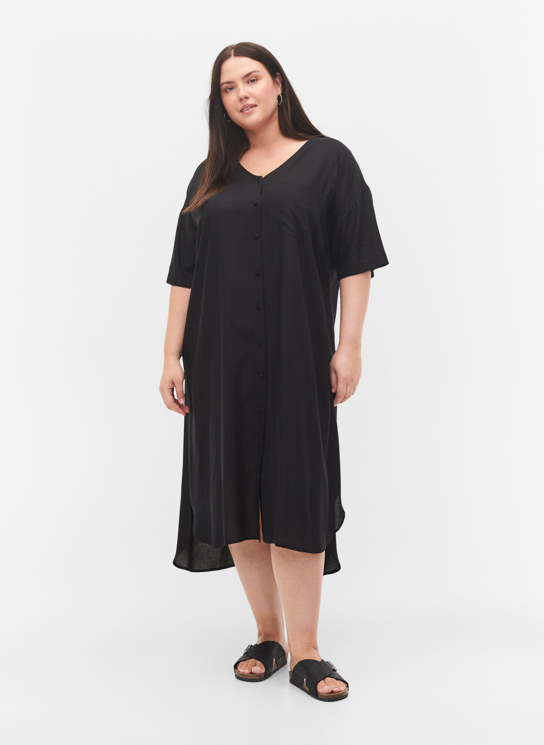 Zizzi Overhemdjurk met korte mouwen in viscose, Black, Model image number 2
