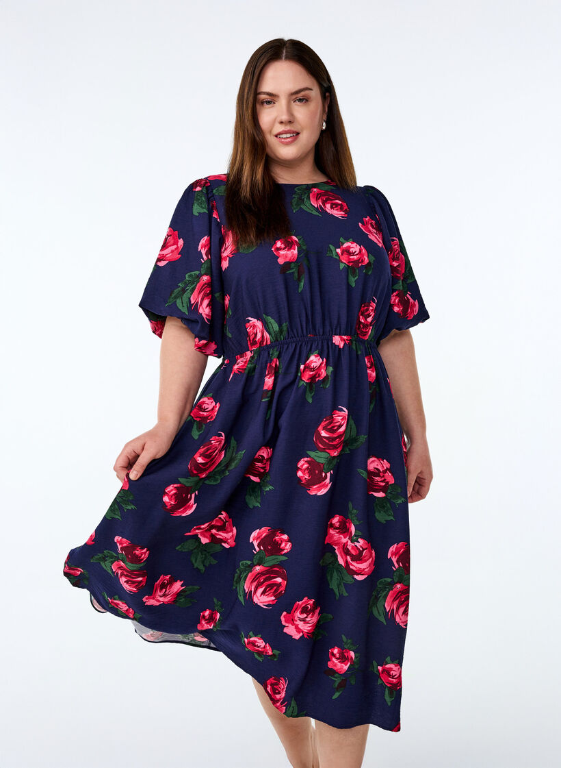 Midi-jurk met rozenprint en korte ballonmouwen, Blauw, Model image number 0