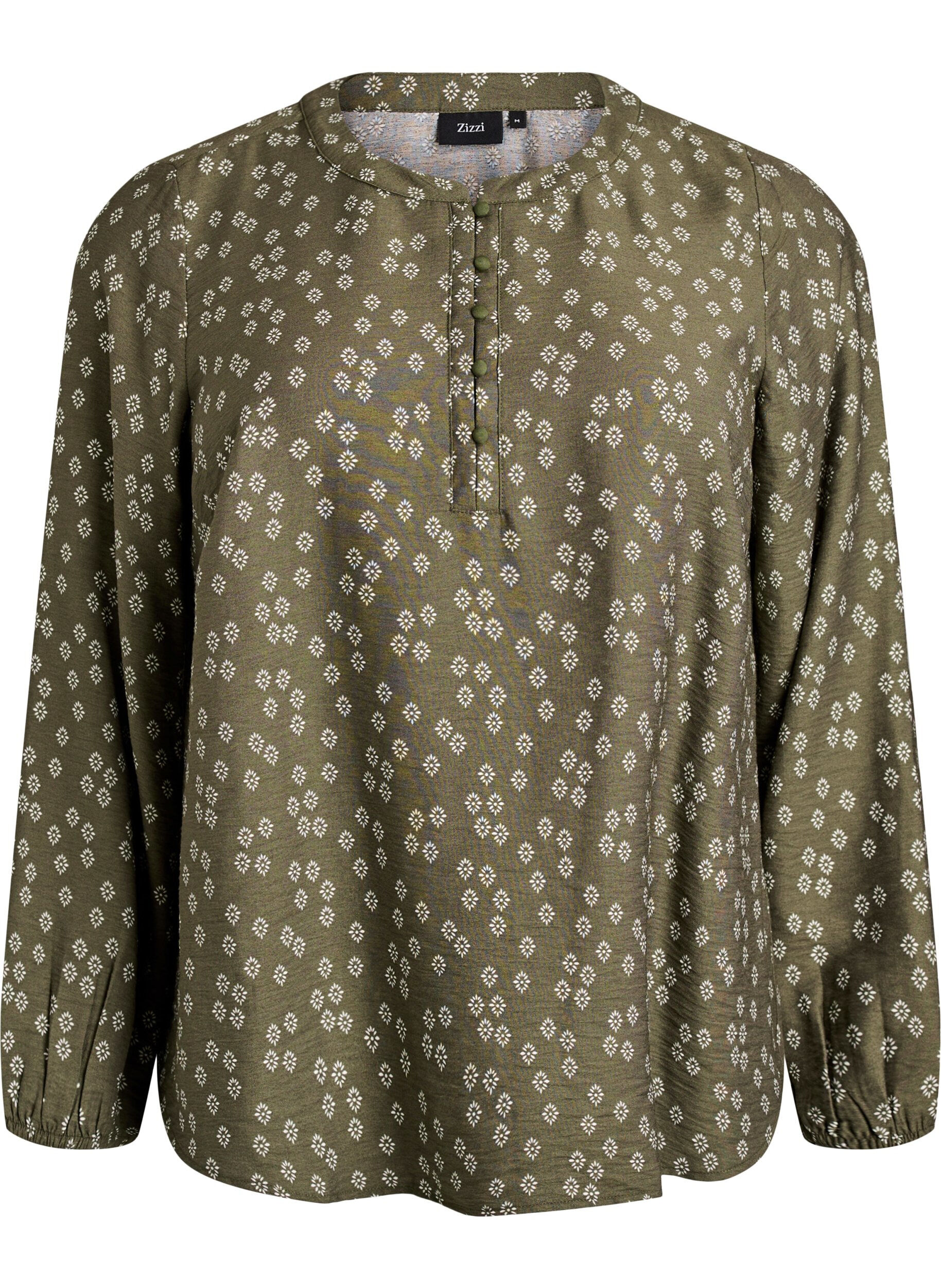 Zizzi Blouse met lange mouwen met patroon en knopen, Groen, Packshot image number 0