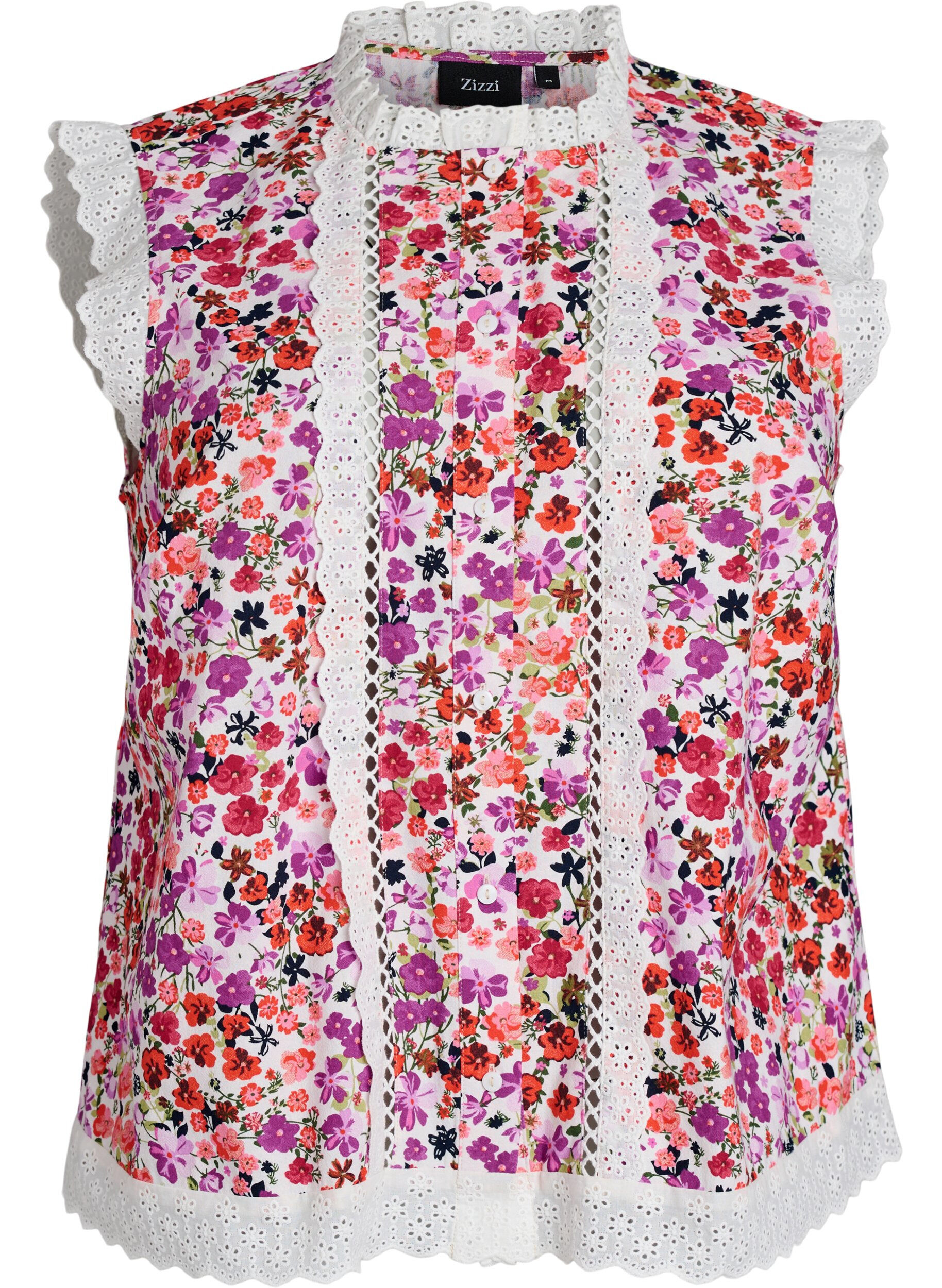 Zizzi Mouwloze katoenen blouse met bloemenprint en broderie anglaise, Roze, Packshot image number 0
