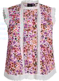 Mouwloze katoenen blouse met bloemenprint en broderie anglaise, Roze