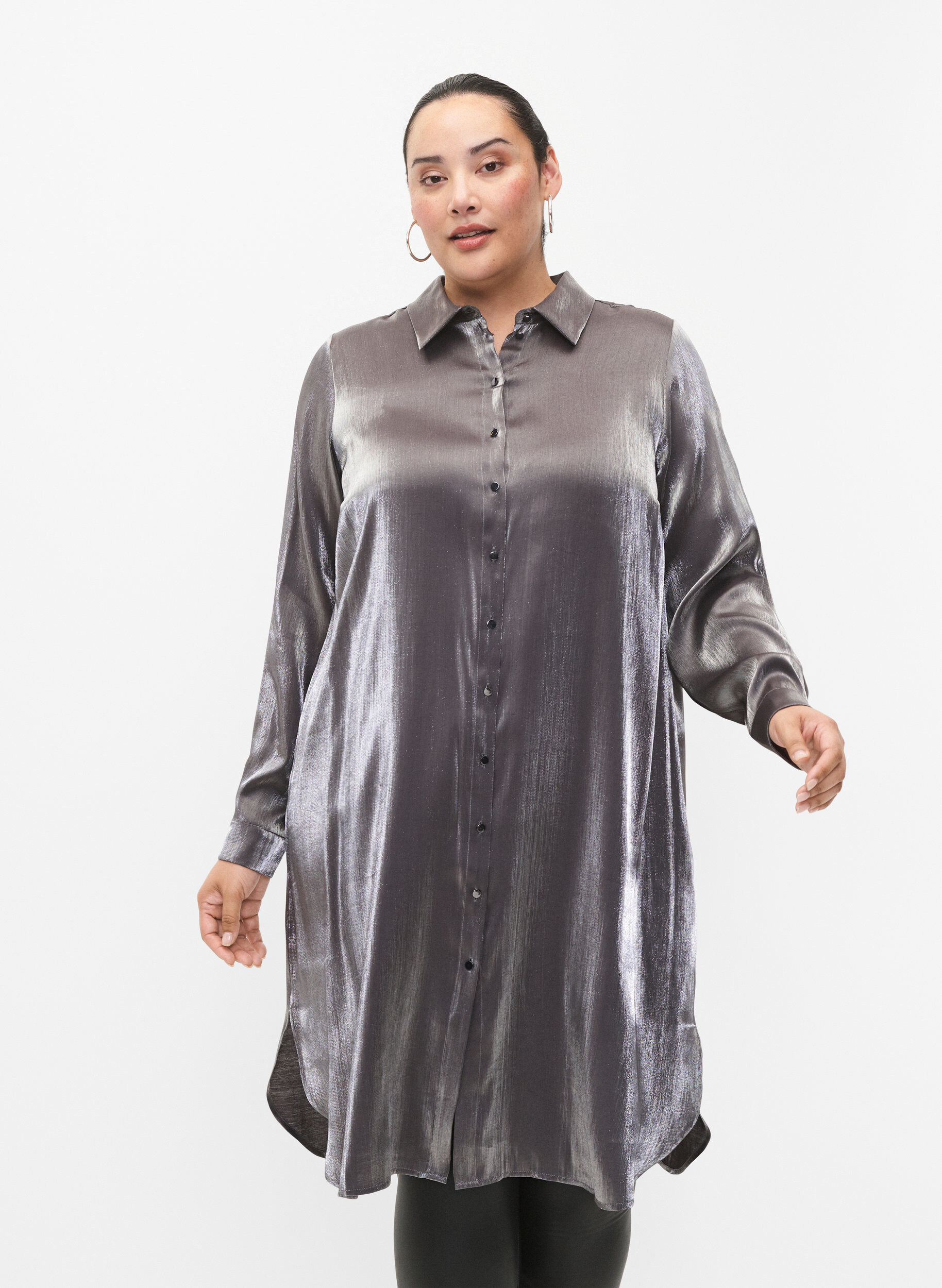 Zizzi Lang zilverkleurig shirt, Dark Silver, Model image number 0