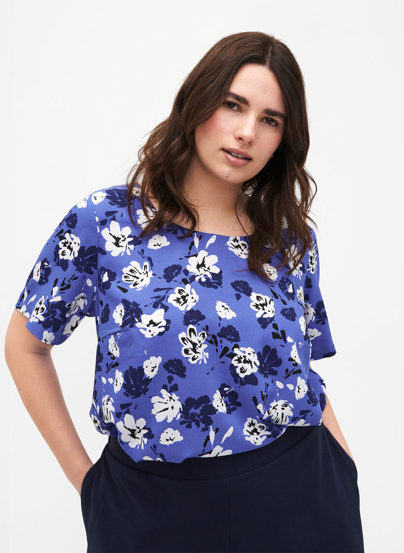 FLASH - Blouse met korte mouwen en print, Amparo Blue Flower, Model image number 0