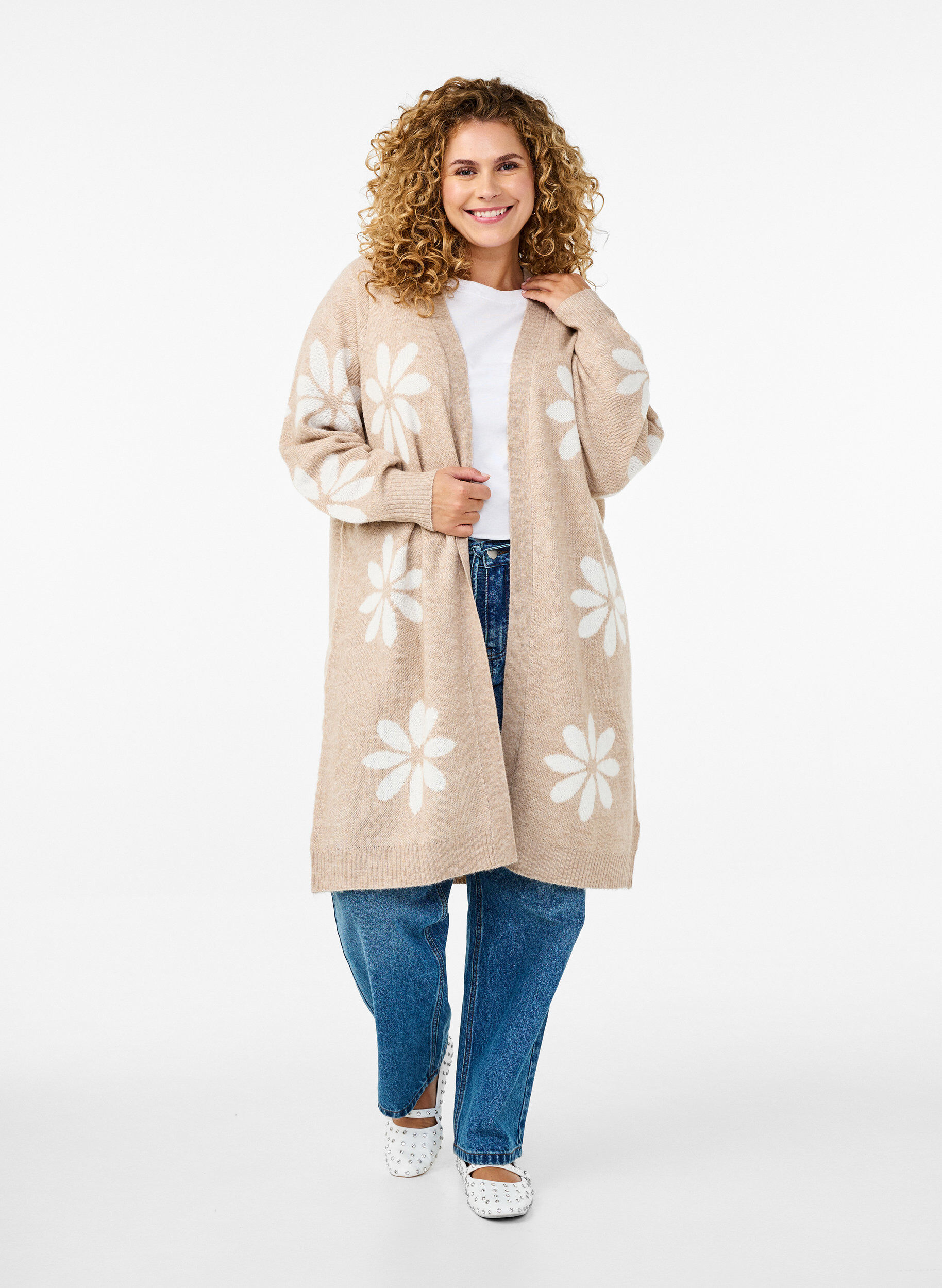 Zizzi Lange cardigan met bloemen breisel, Simply Taupe Comb, Model image number 3