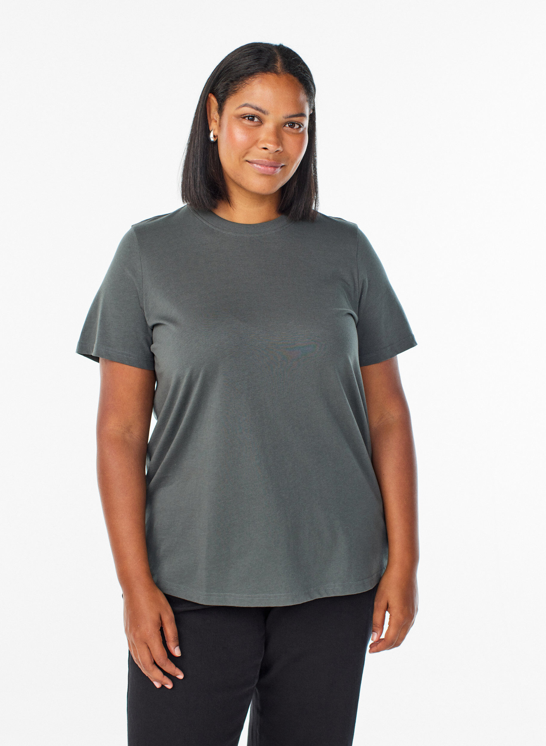 Basic katoenen T-shirt met ronde hals, Groen, Model
