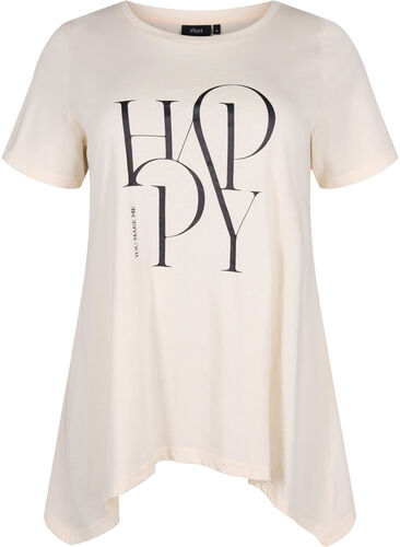 T-shirt van katoen met tekstopdruk, Buttercream HAPPY, Packshot image number 0