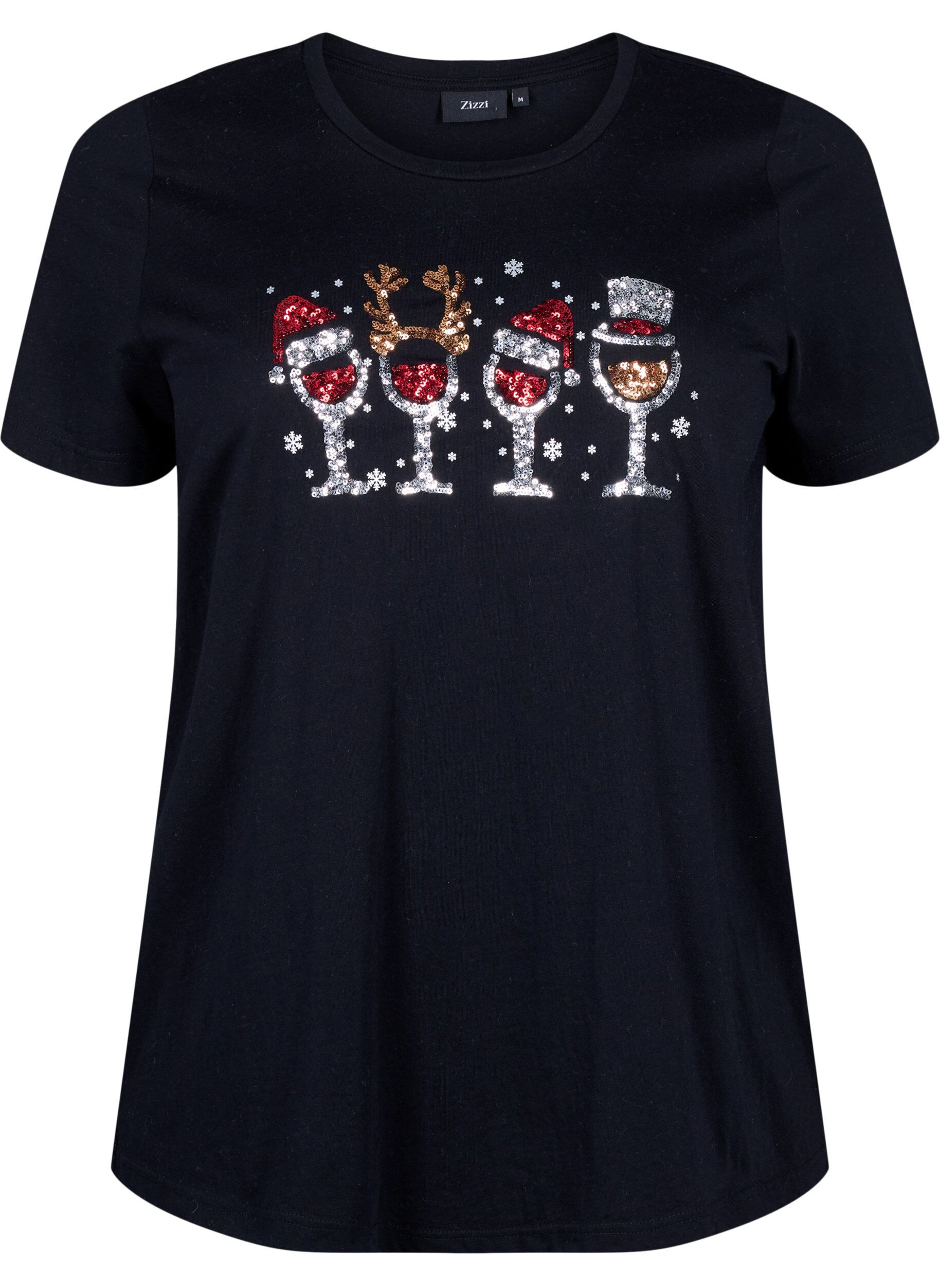 Zizzi Kerst T-shirts in 100% katoen, Black w. Drinks, Packshot image number 0