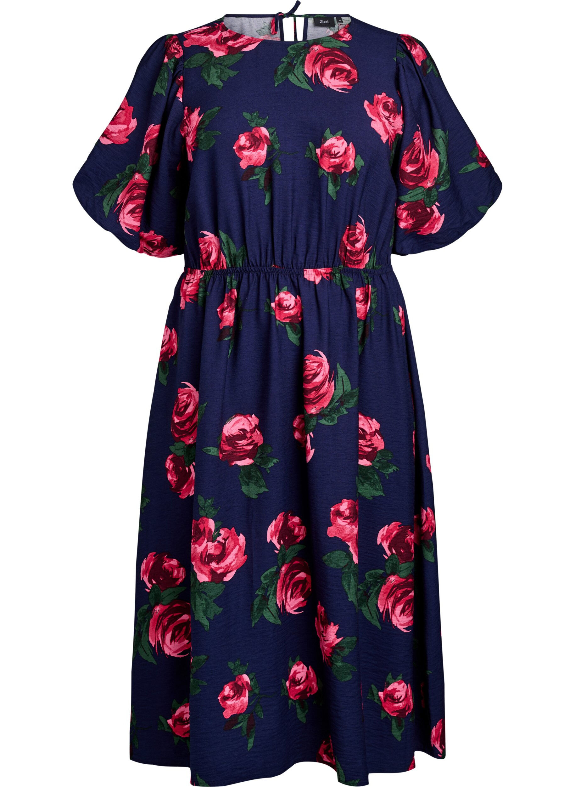 ZizziMidi-jurk met rozenprint en korte ballonmouwen, Blauw, Packshot image number 0