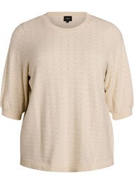 Gebreide blouse met structuurpatroon en korte mouwen, Beige