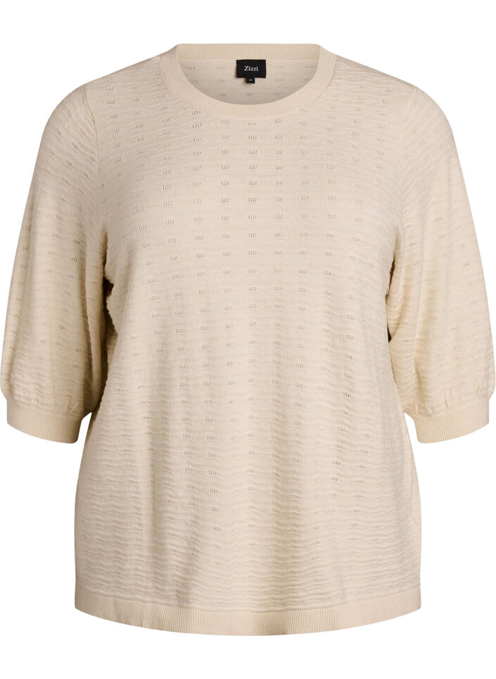 Gebreide blouse met structuurpatroon en korte mouwen, Beige, Packshot image number 0