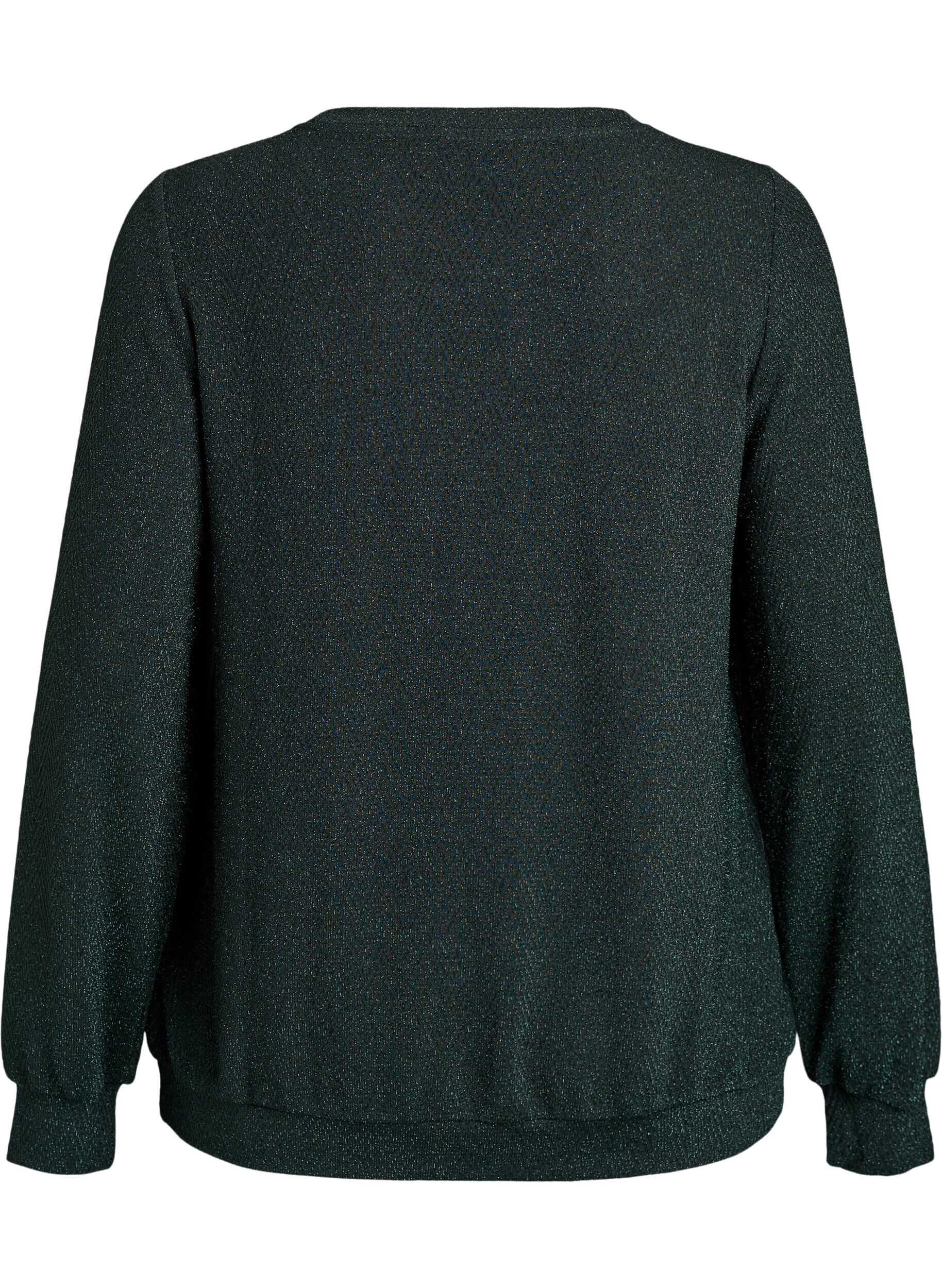 Zizzi Blouse met visgraatpatroon en glinsterend garen, Groen, Packshot image number 1