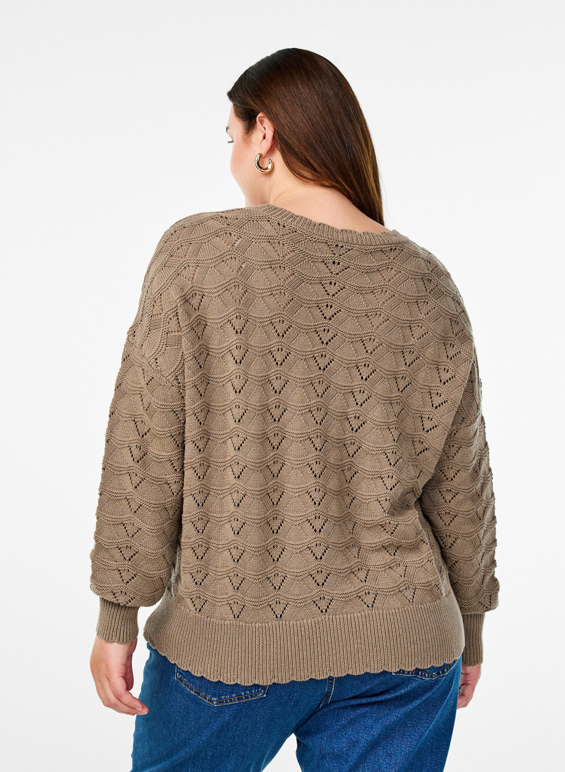 Zizzi Gebreide blouse met lange mouwen en een opengewerkt patroon, Desert Taupe, Model image number 1