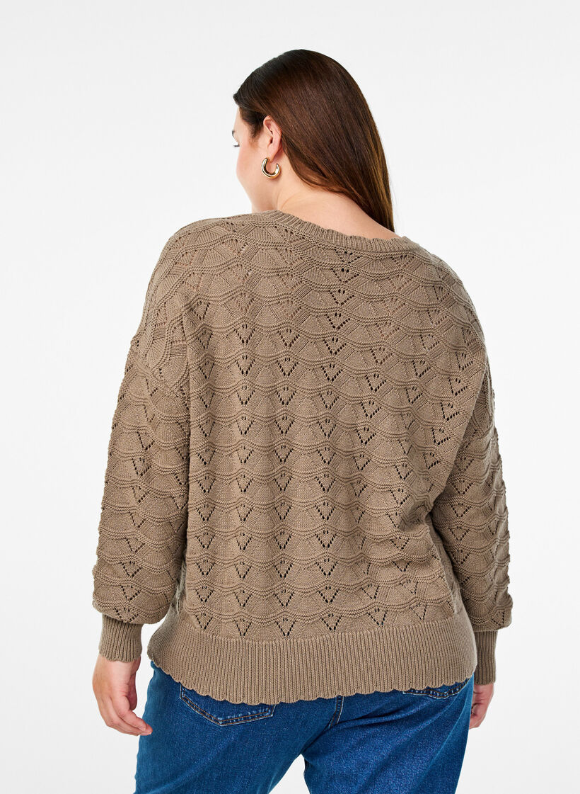 Gebreide blouse met lange mouwen en een opengewerkt patroon, Desert Taupe, Model image number 1