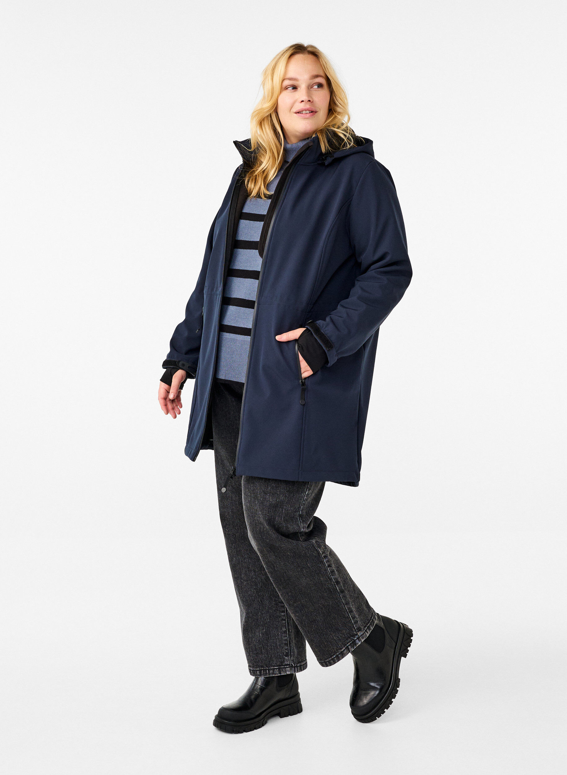 Zizzi Softshell jas met afneembare capuchon, Blauw, Model image number 1