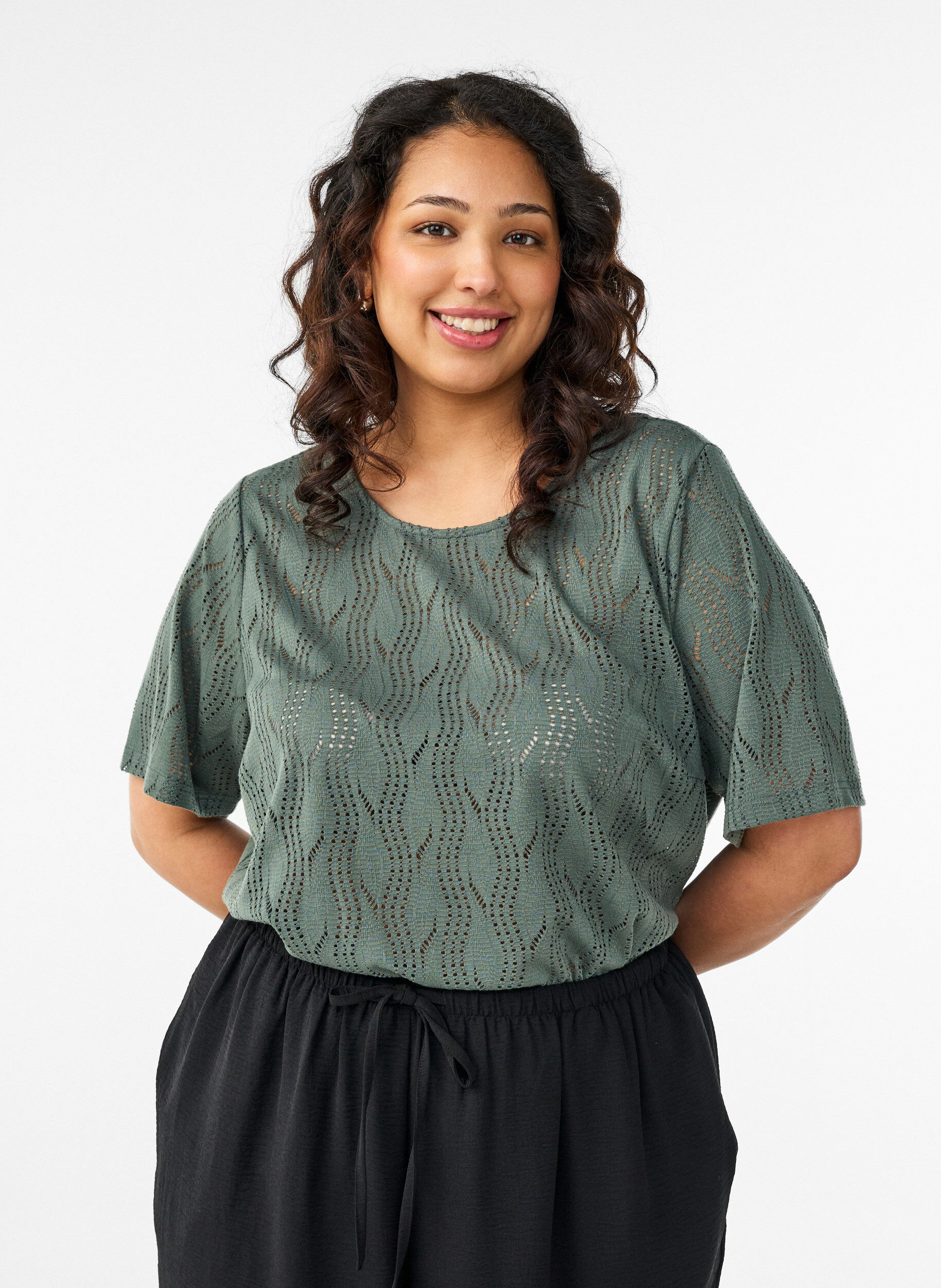 Zizzi Jersey T-shirt met oogjespatroon, Groen, Model image number 0