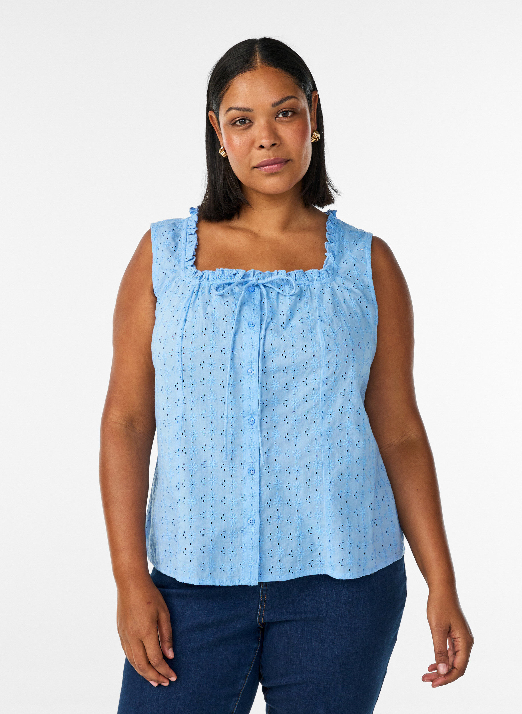 Mouwloze blouse met broderie anglaise en ruches, Blauw, Model