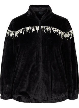 Korte jas in imitatiebont met decoratieve parels, Black, Packshot image number 0