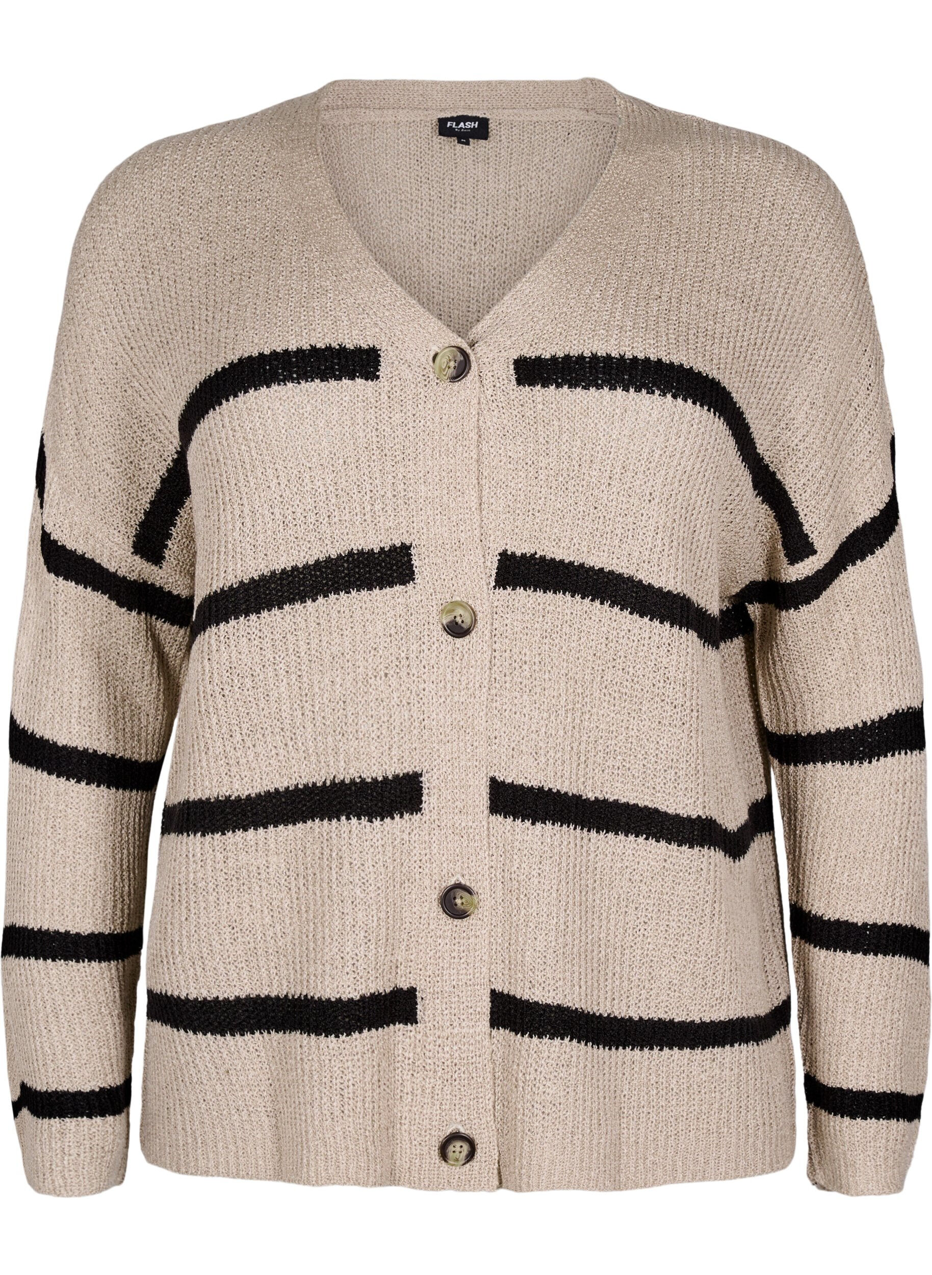Zizzi FLASH - Cardigan met strepen en knopen in breisel, Beige, Packshot image number 0