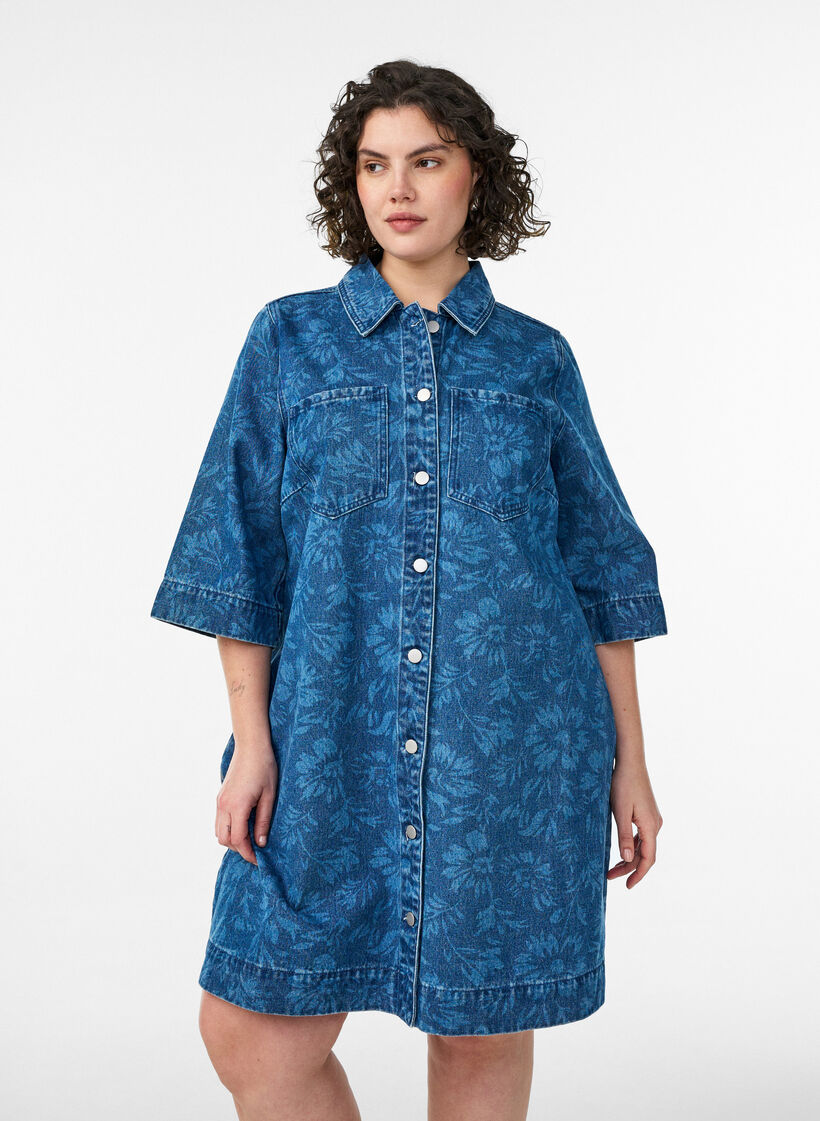 Denimjurk met bloemenprint en borstzakken, Blauw, Model image number 0