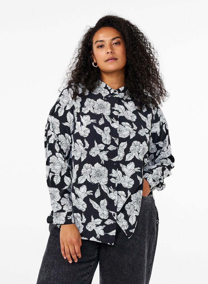 Shirt met bloemenprint, Zwart, Model image number 0