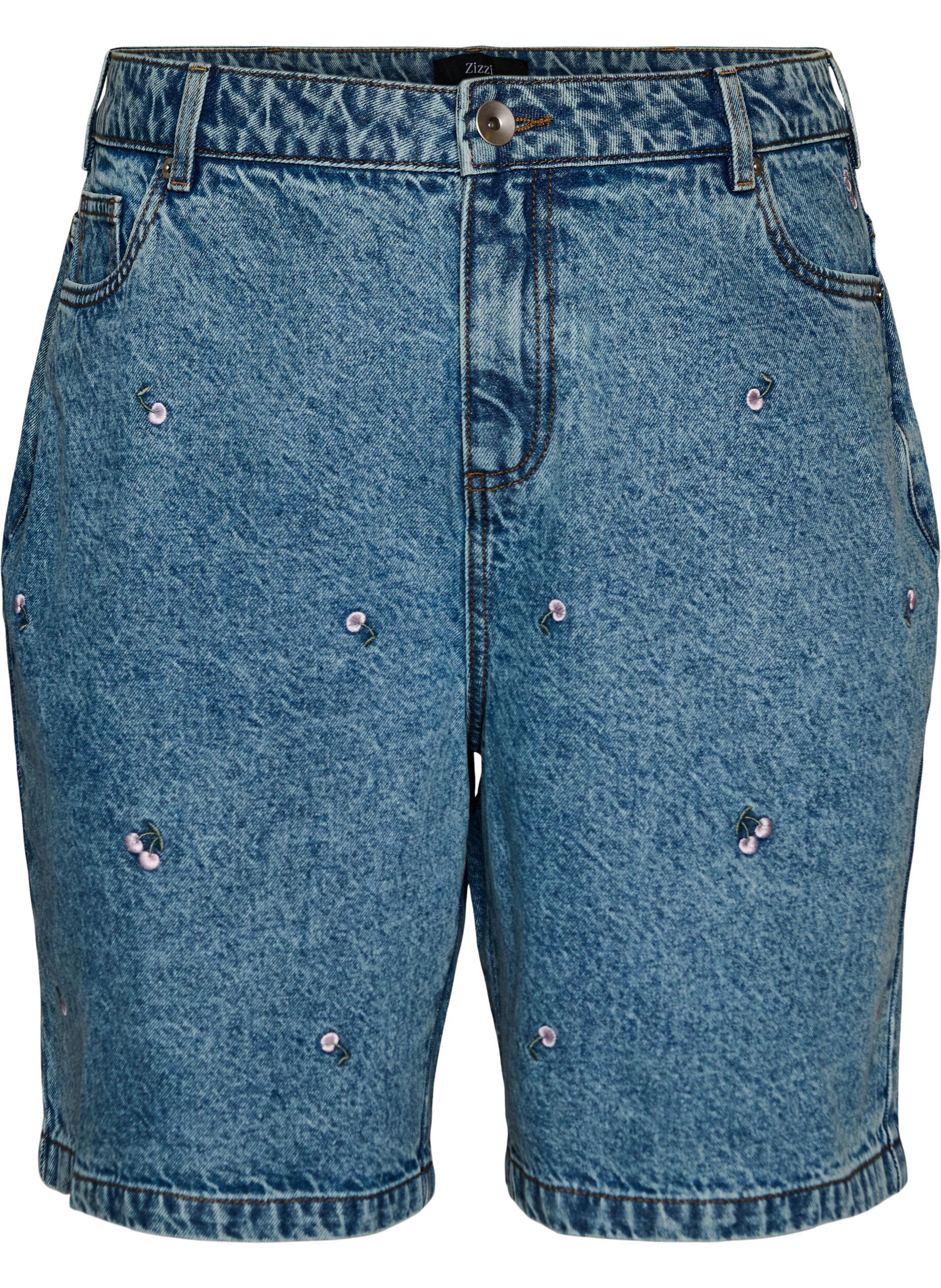 Zizzi High-waist denim shorts met geborduurde motieven, Blauw, Packshot image number 0