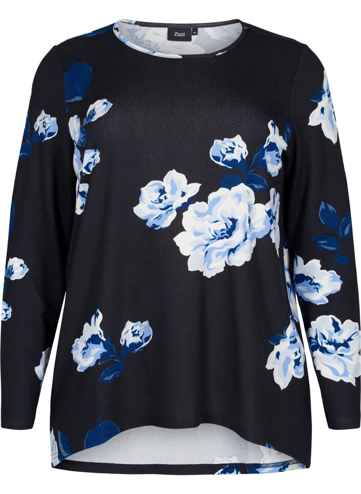 Bloemen blouse met lange mouwen, Black Flower, Packshot image number 0