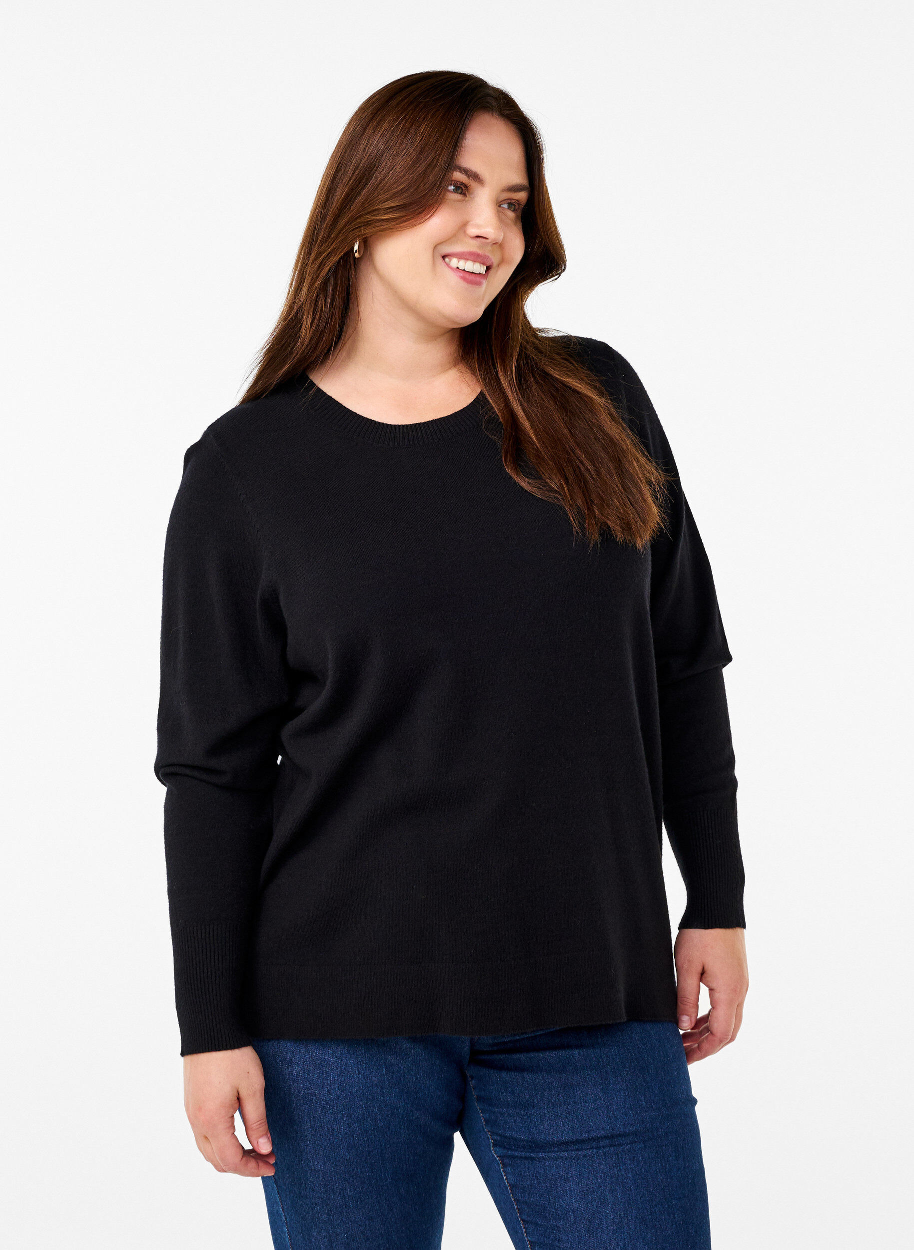 Zizzi FLASH - Gebreide blouse met ronde hals, Zwart, Model image number 0