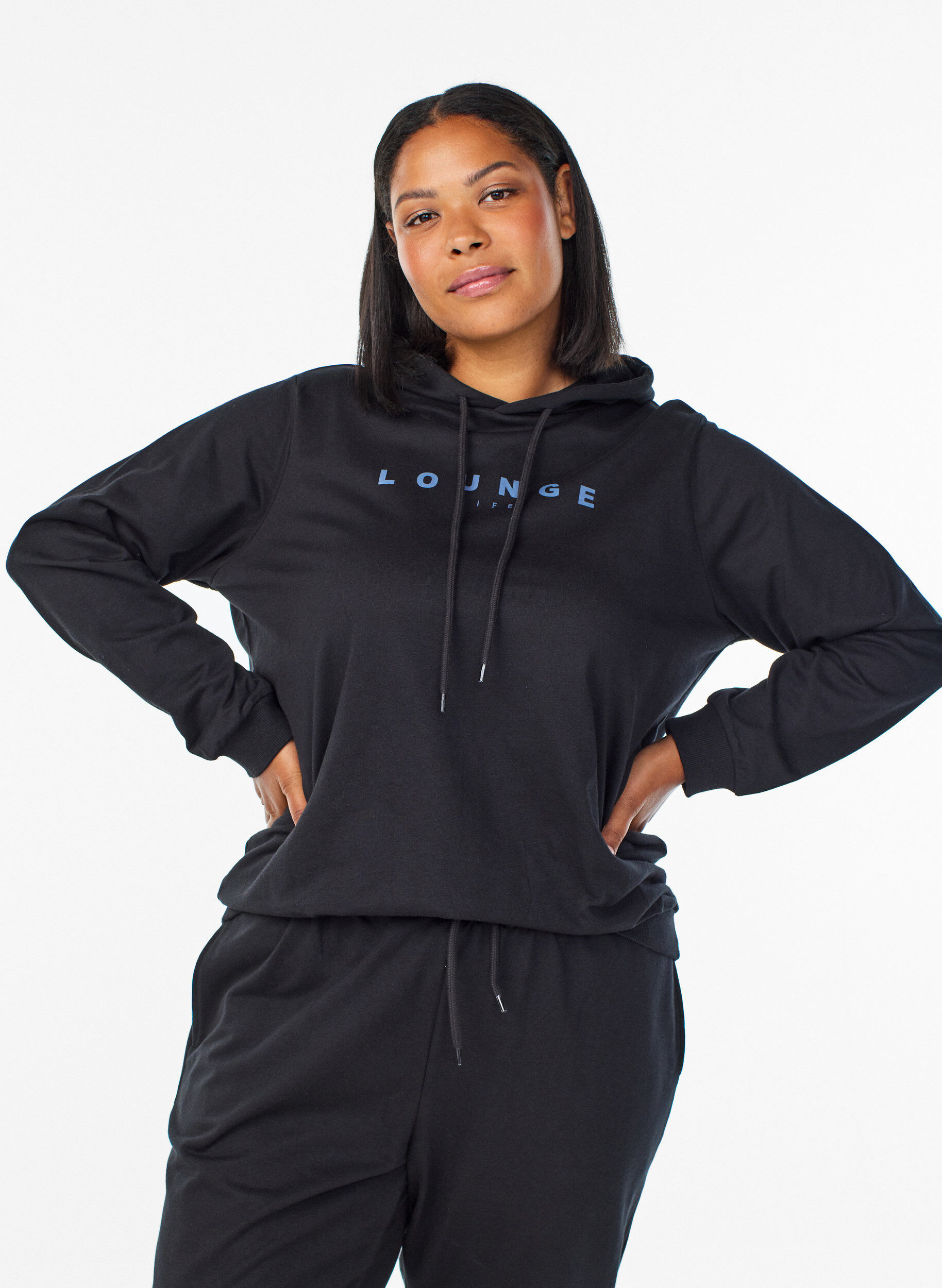 ZizziSweater met capuchon en print, Zwart, Model image number 0
