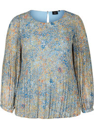 Geplooide blouse met bloemenprint, Light Blue Multi AOP