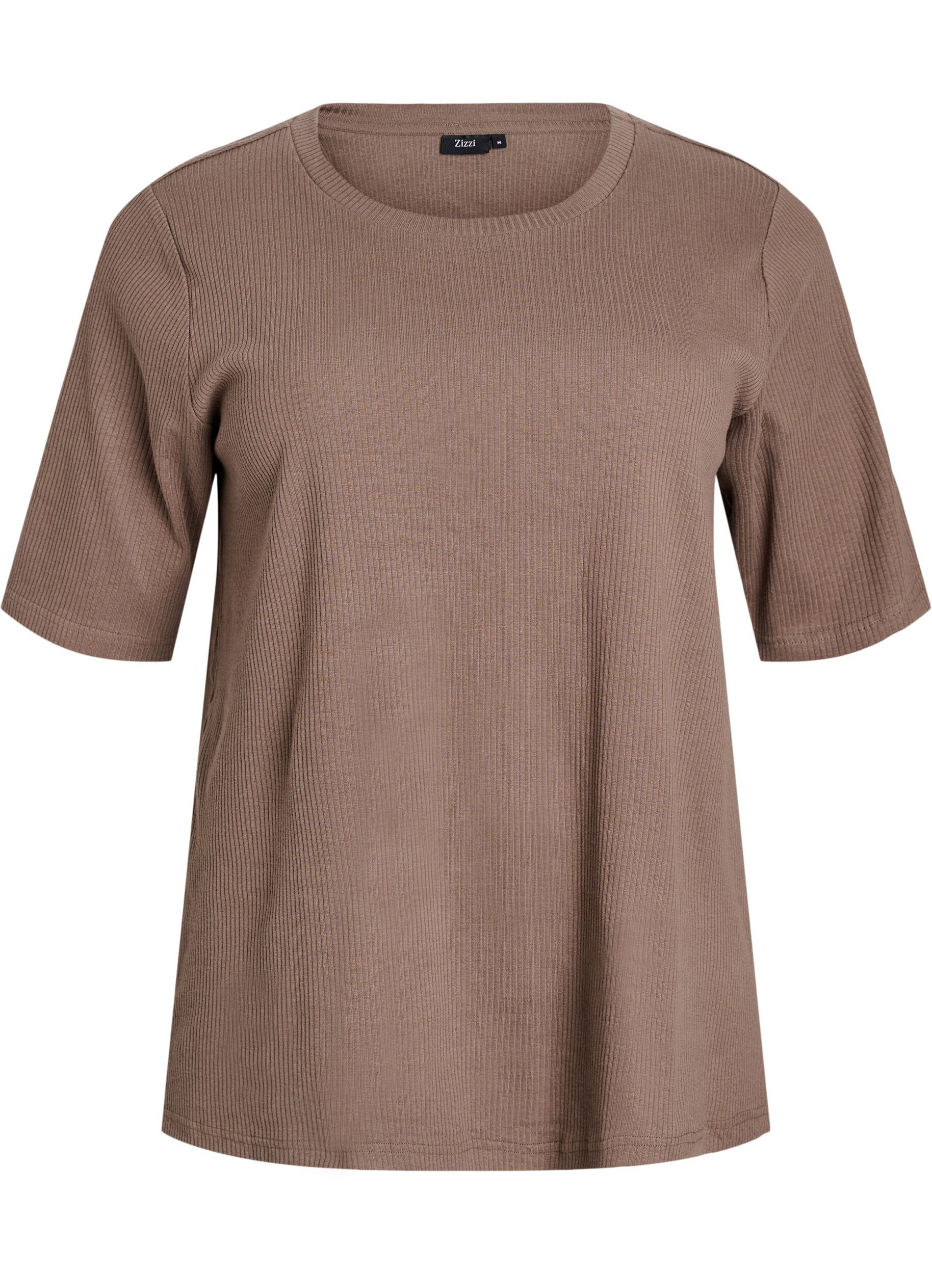ZizziGeribde jersey blouse met korte mouwen, Bruin, Packshot image number 0