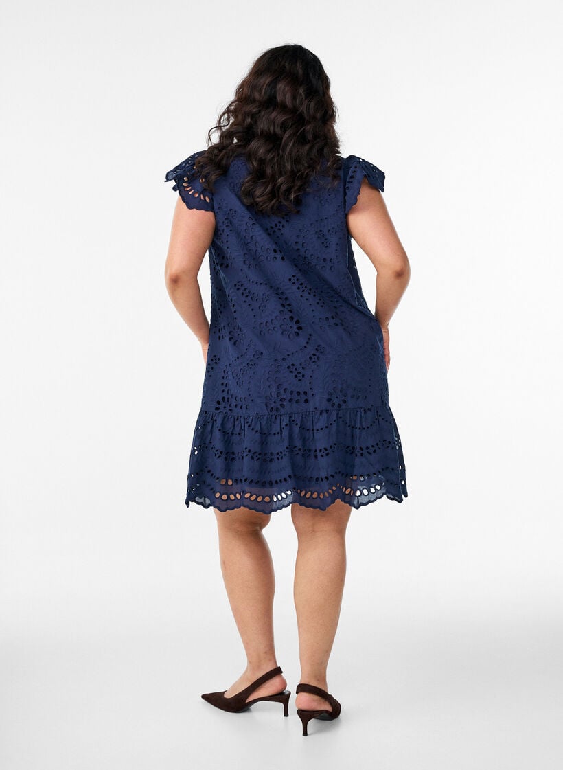 Broderie anglaise jurk met ruches mouwen, Blauw, Model image number 2