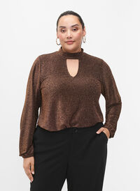 Glitter blouse met lange mouwen, ronde hals en V-detail, Black Copper, Model