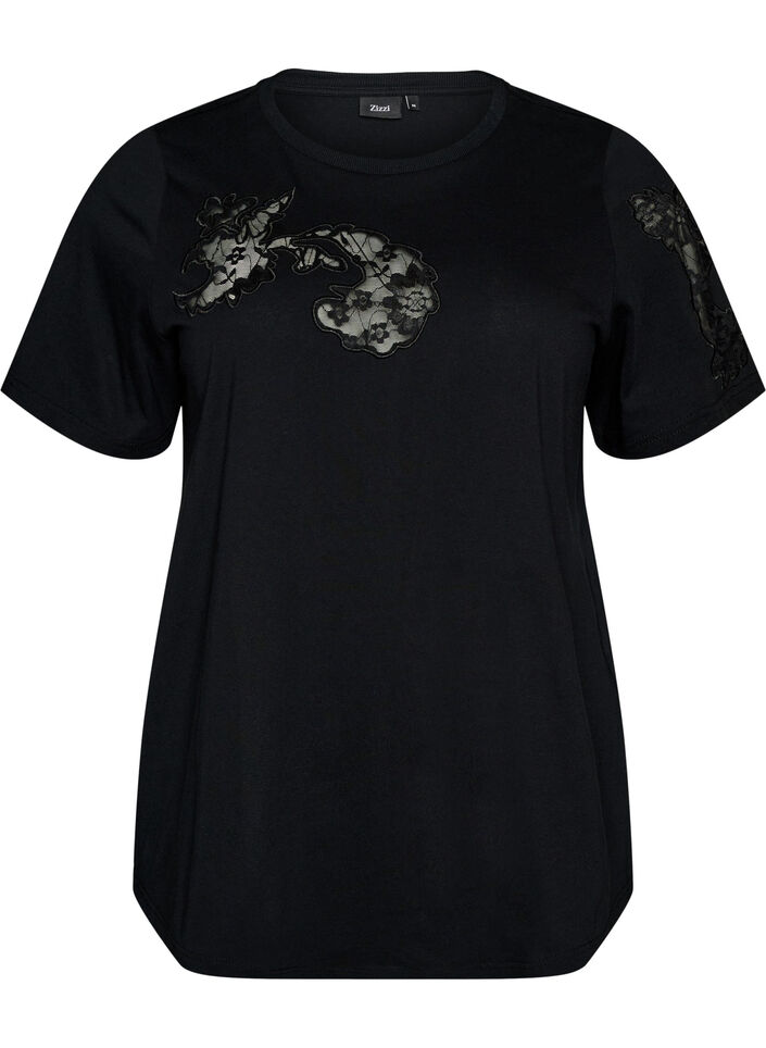 Katoenen T-shirt met kanten applicaties, Zwart, Packshot image number 0