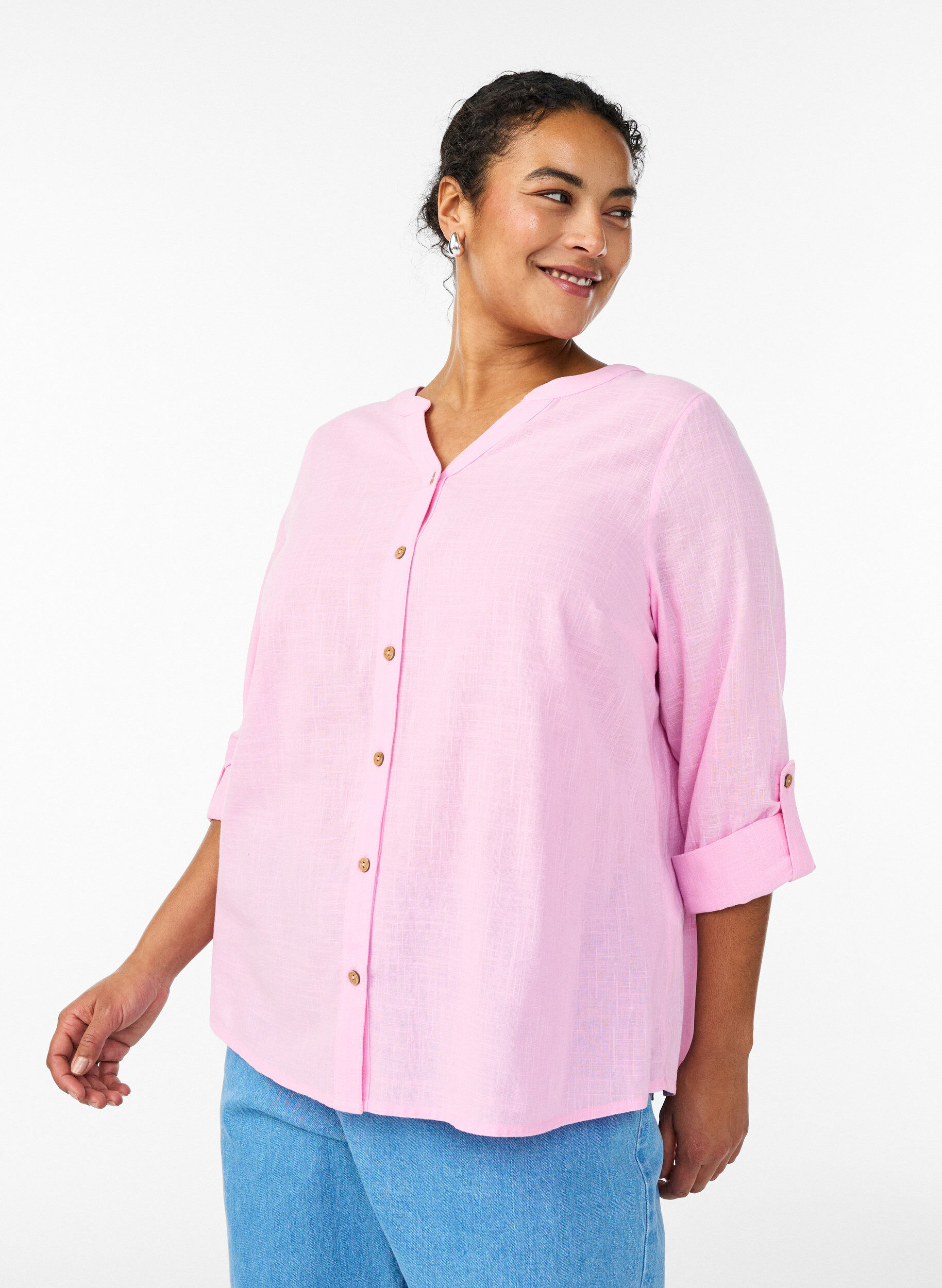 Katoenen blouse met V-hals, Roze, Model