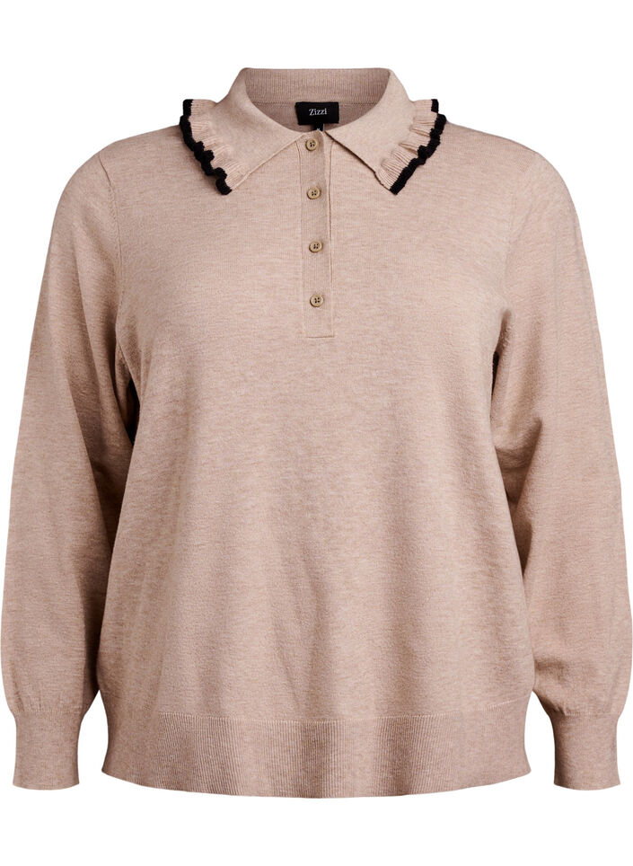 Gebreide blouse met een kraag en contrasterende ruches, Beige, Packshot