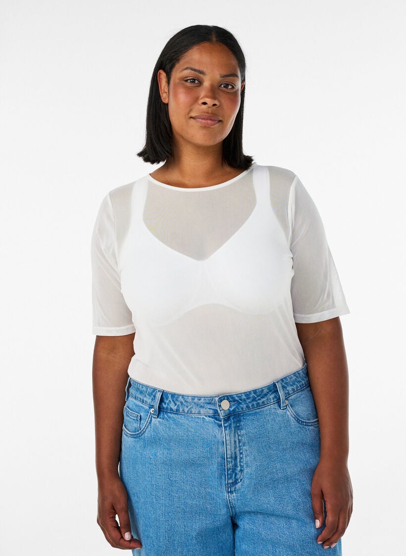 Mesh top met korte mouwen en ronde hals, Vanille, Model image number 0