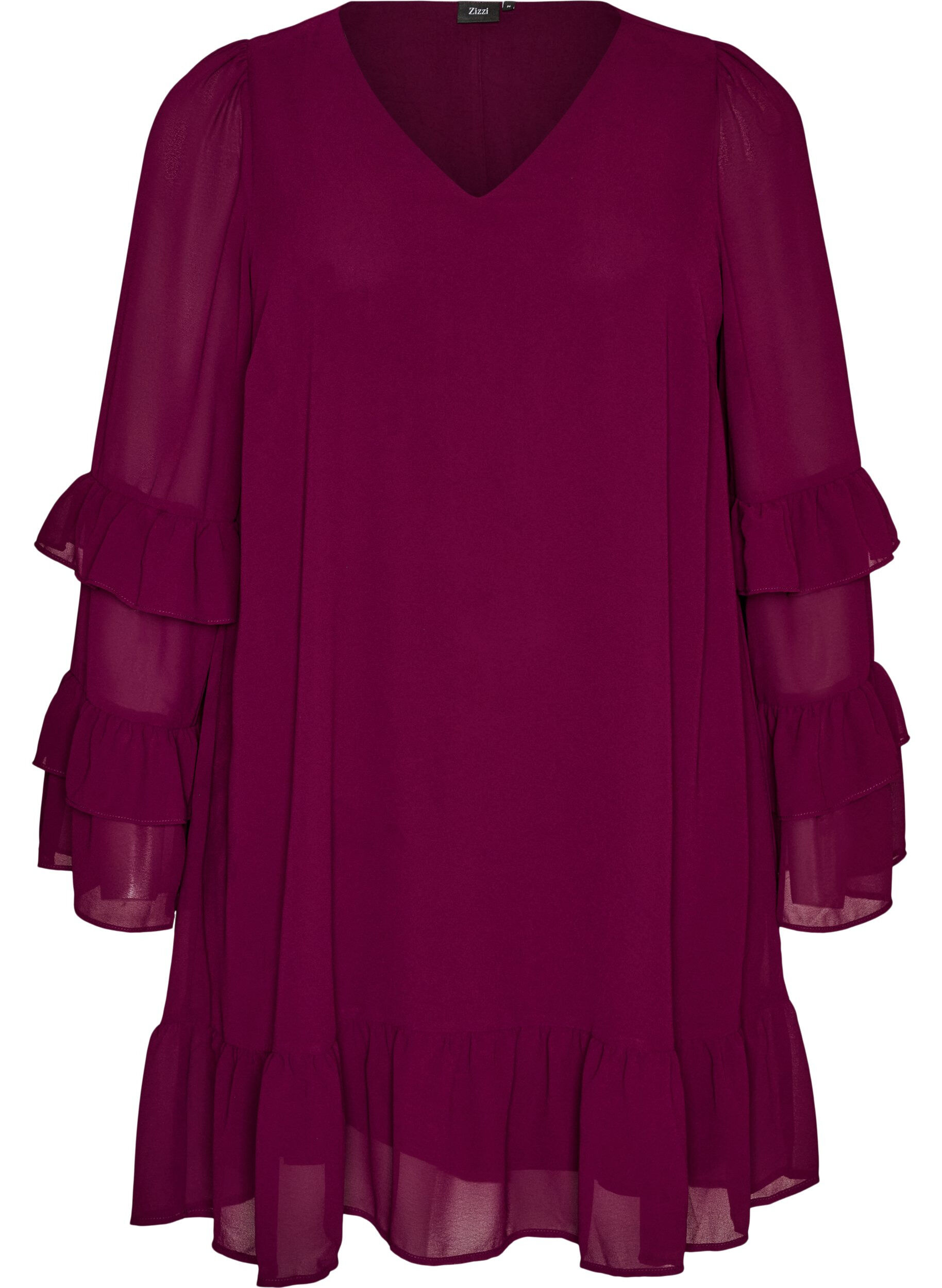 ZizziKorte jurk met transparante ruchesmouwen, Paars, Packshot image number 0