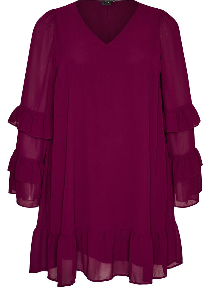 Korte jurk met transparante ruchesmouwen, Paars, Packshot image number 0
