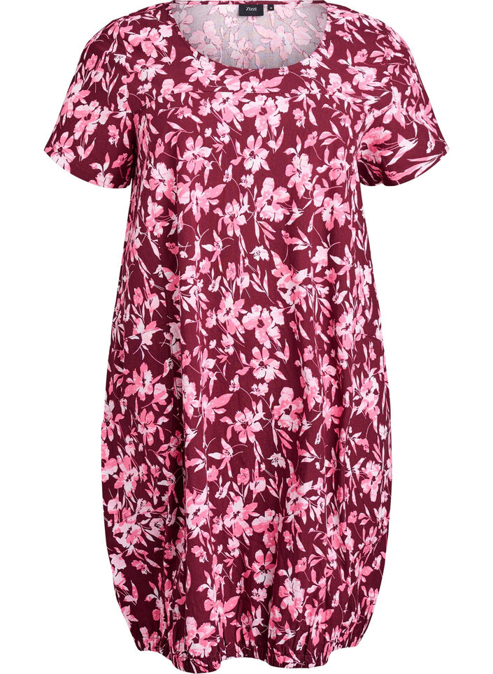 Katoenen jurk met korte mouwen en print, Donker Bordeaux, Packshot image number 0