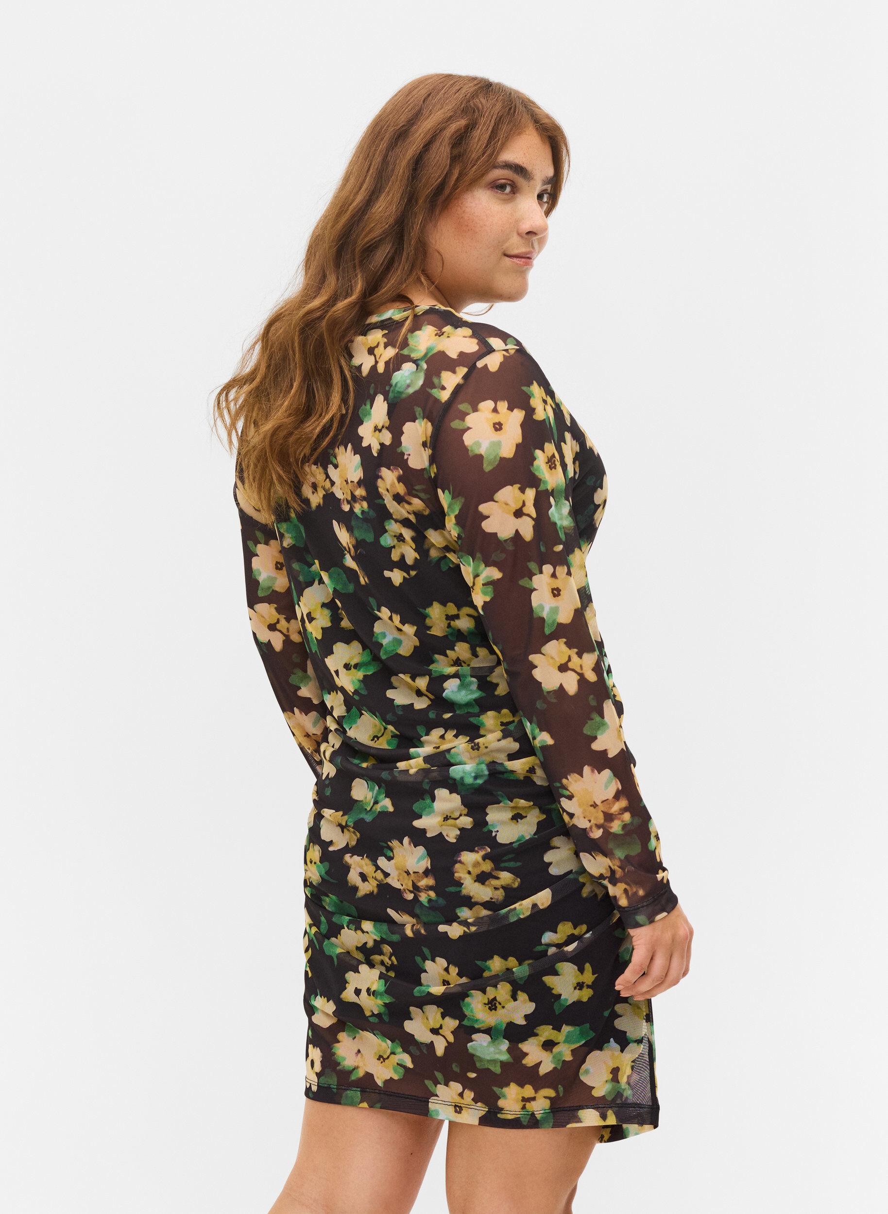 Zizzi Nauwsluitende mesh jurk met 3/4 mouwen, Yellow Green AOP, Model image number 1