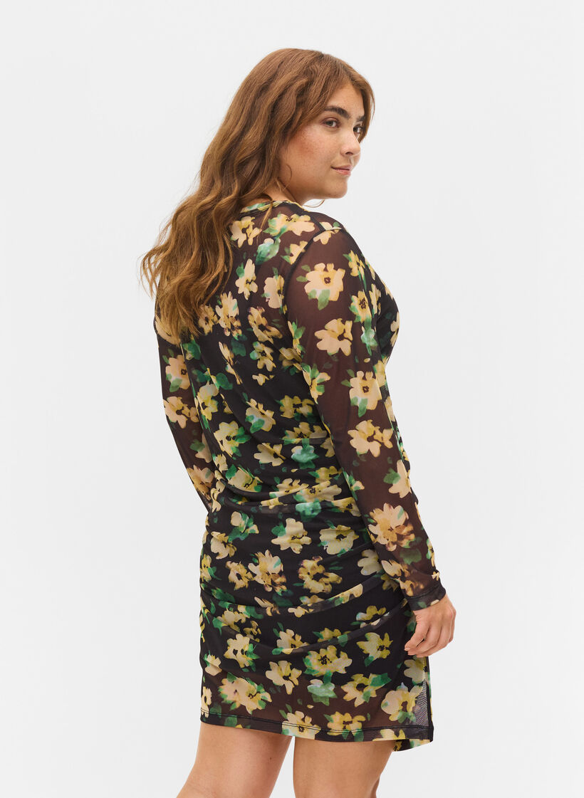 Nauwsluitende mesh jurk met 3/4 mouwen, Yellow Green AOP, Model image number 1