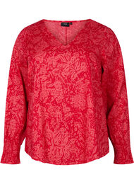 V-hals blouse met smock, Ribbon Red AOP
