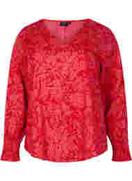 V-hals blouse met smock, Ribbon Red AOP
