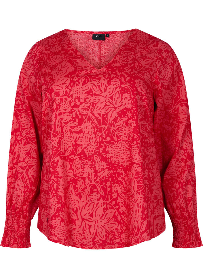V-hals blouse met smock, Ribbon Red AOP, Packshot image number 0