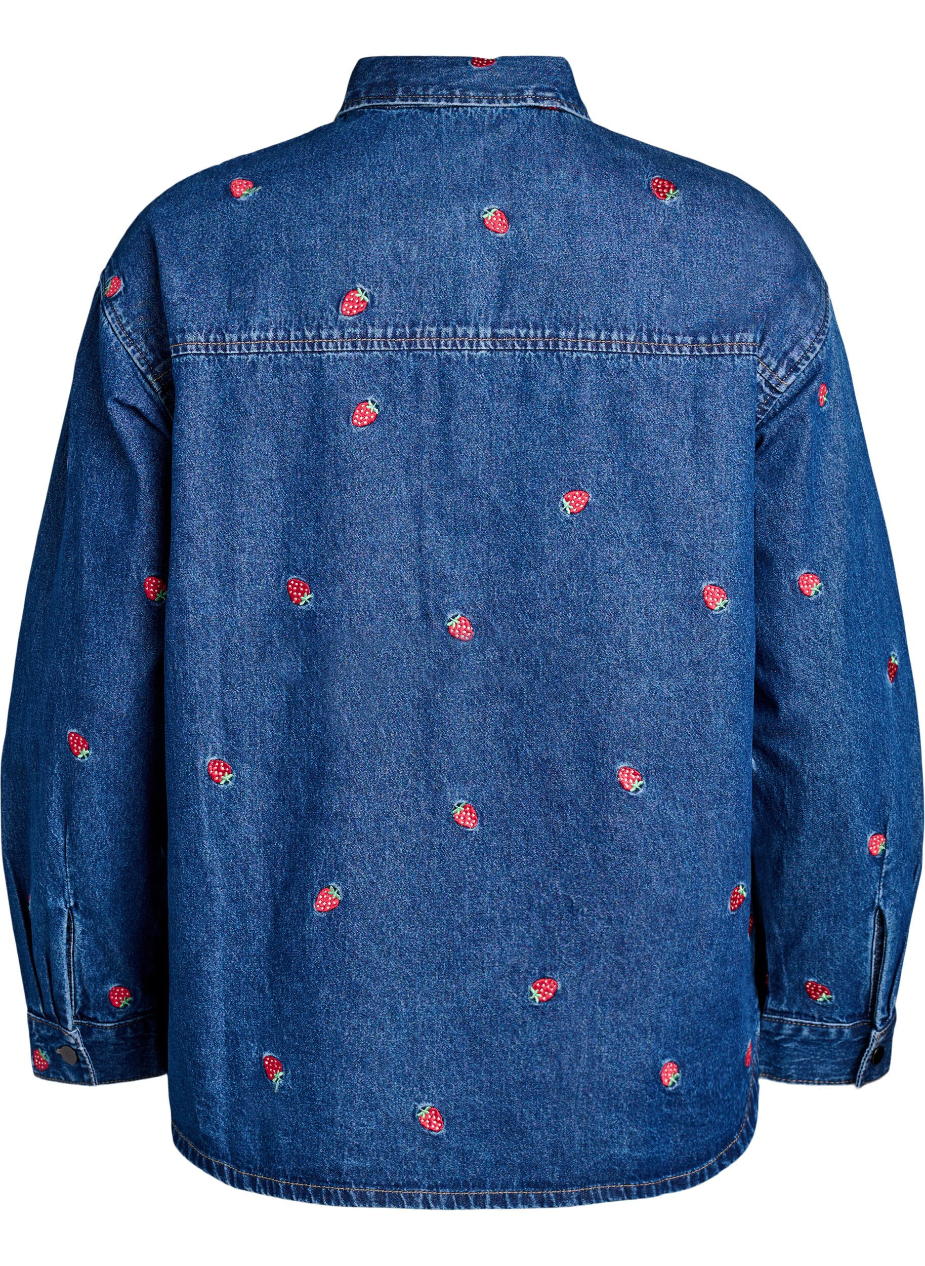 Zizzi Denim shirt met geborduurde aardbeien, Blauw, Packshot image number 1