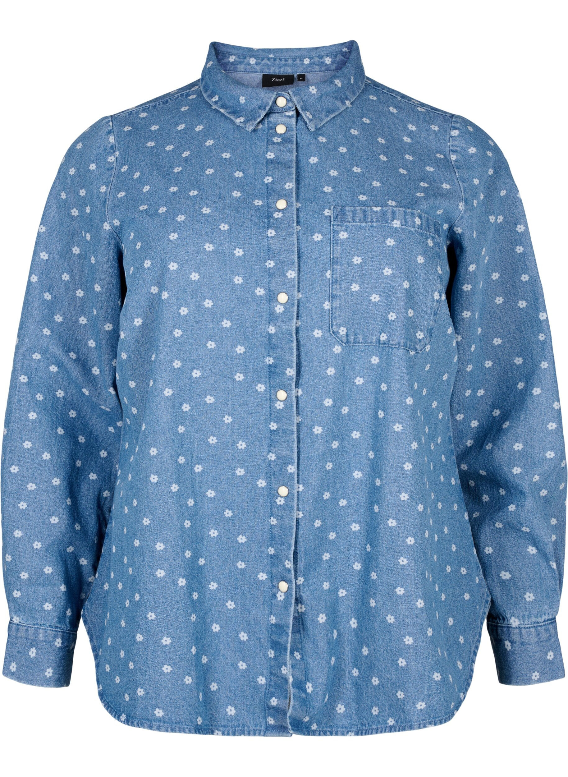 Zizzi Gebloemd denim overhemd met borstzak, Light Blue w.Flowers, Packshot image number 0